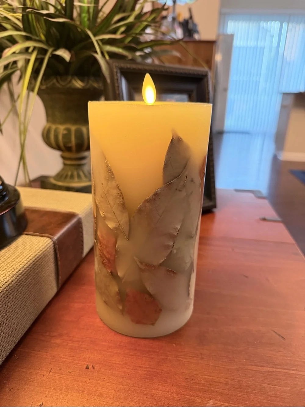 Vintage flameless Cream with Leaf accents  Pillar Candle